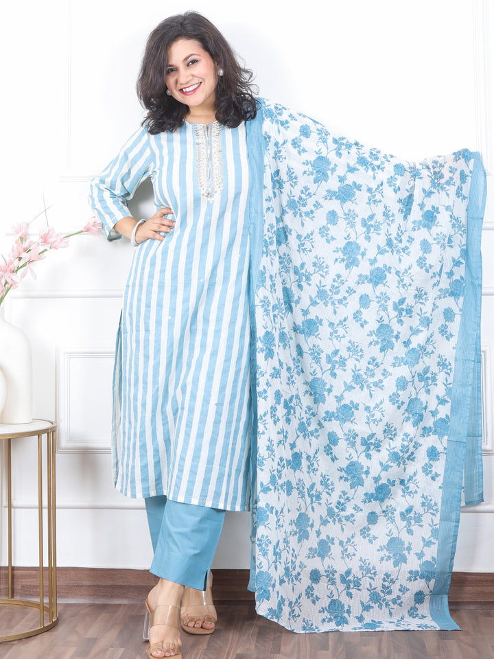 Subh Sapphire Blue in Gota and Patra with Zari Work Stripe Print Cotton 3 Piece Set