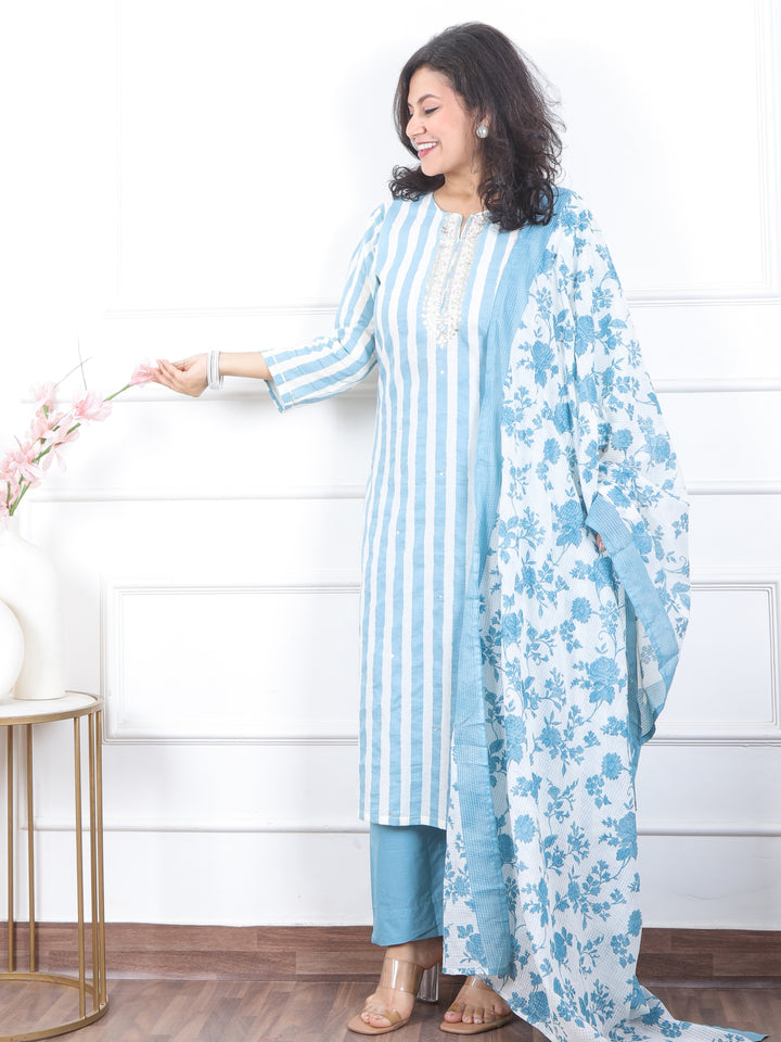 Subh Sapphire Blue in Gota and Patra with Zari Work Stripe Print Cotton 3 Piece Set