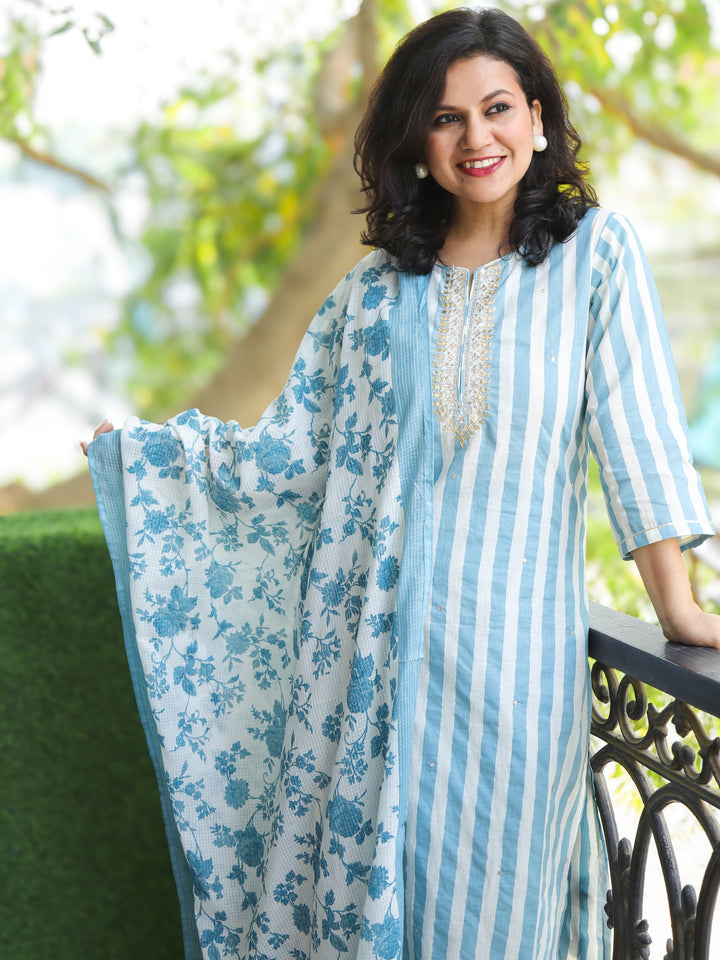 Subh Sapphire Blue in Gota and Patra with Zari Work Stripe Print Cotton 3 Piece Set