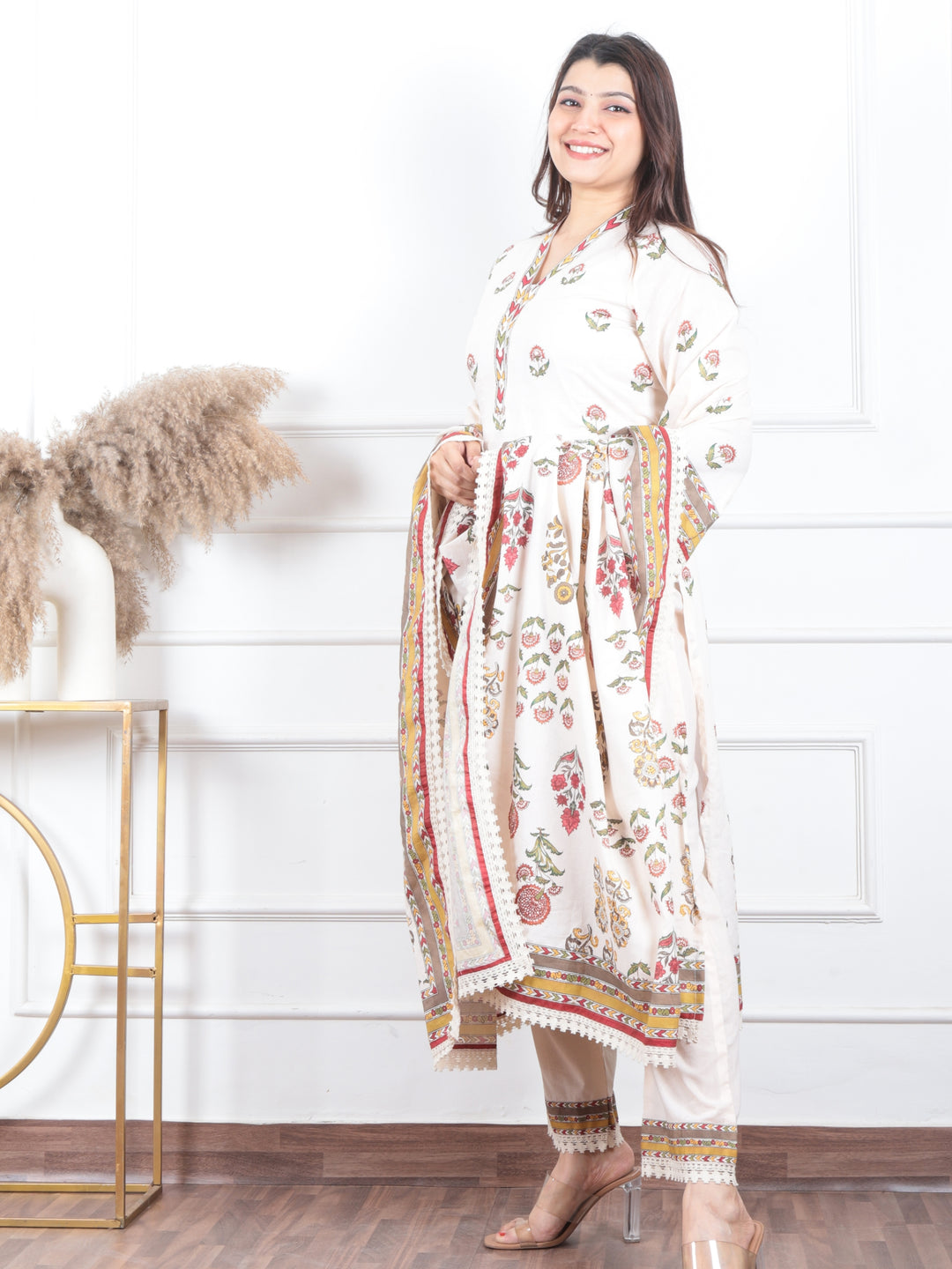 Subh Cream White V Neck Lace Work Floral Printed Cotton 3 Piece Set