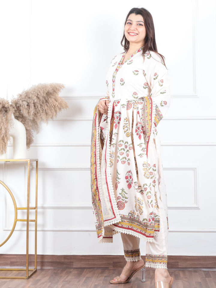 Subh Cream White V Neck Lace Work Floral Printed Cotton 3 Piece Set