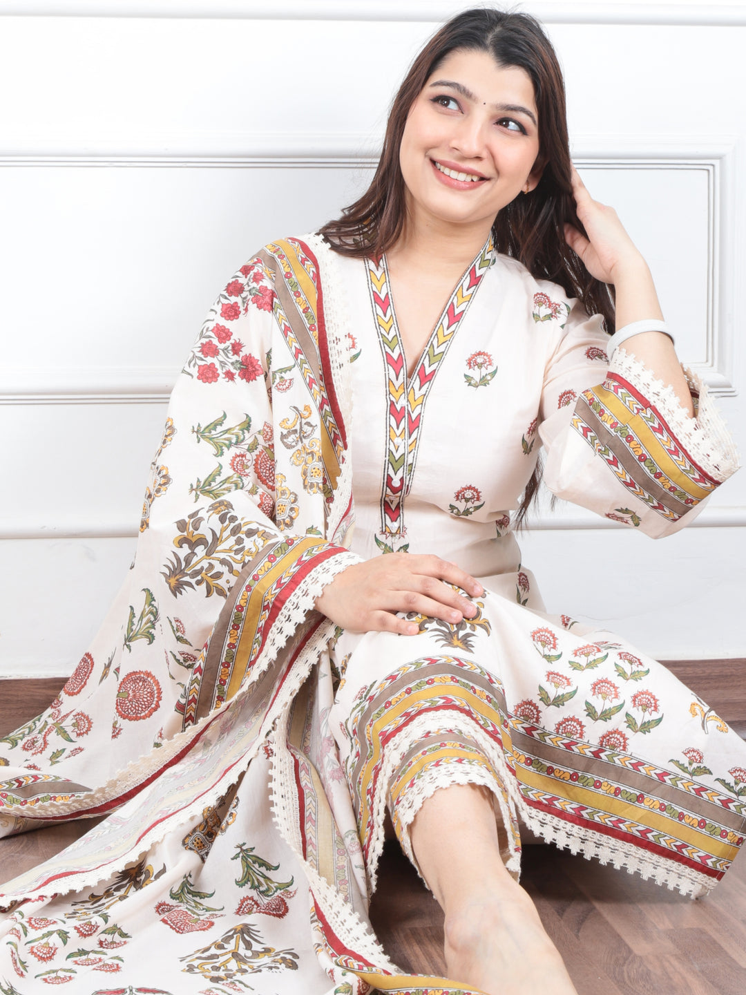 Subh Cream White V Neck Lace Work Floral Printed Cotton 3 Piece Set