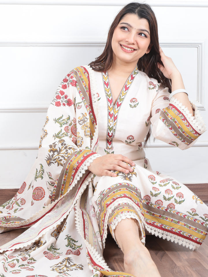 Subh Cream White V Neck Lace Work Floral Printed Cotton 3 Piece Set
