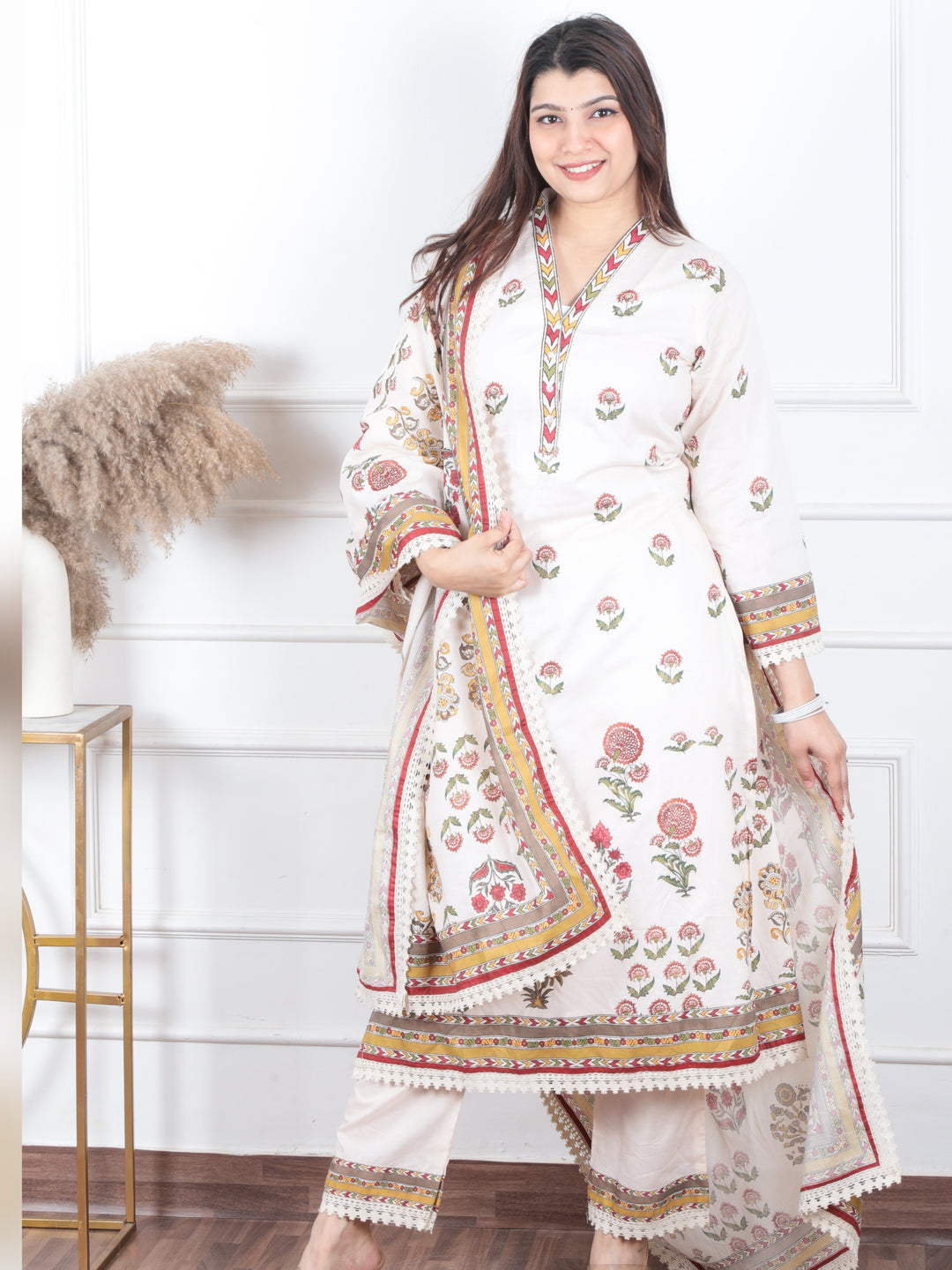 Subh Cream White V Neck Lace Work Floral Printed Cotton 3 Piece Set