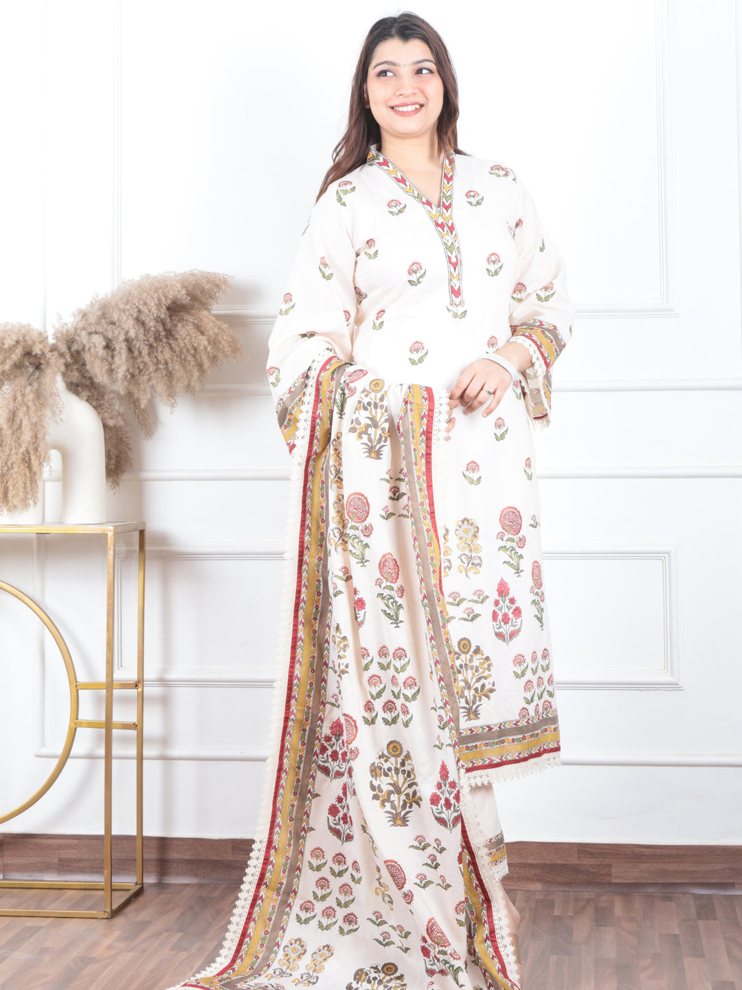 Subh Cream White V Neck Lace Work Floral Printed Cotton 3 Piece Set
