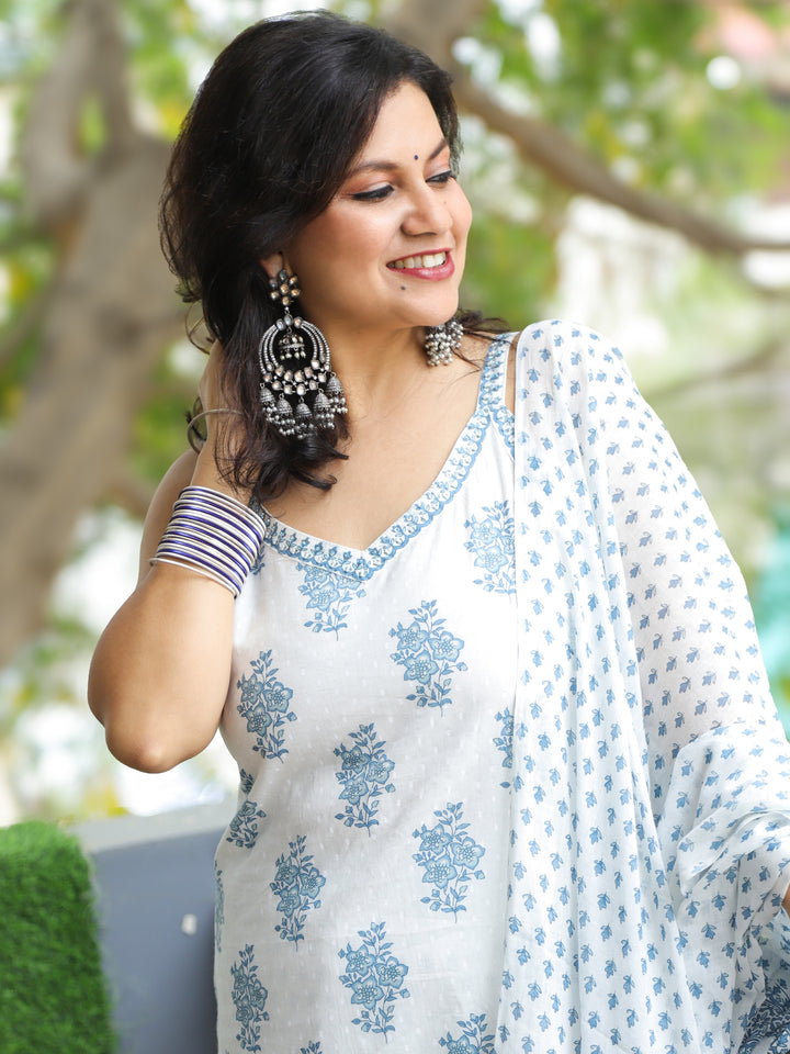 Subh Pearl White Embellish Neck in Floral Printed Cotton Dobby 3 Piece Set