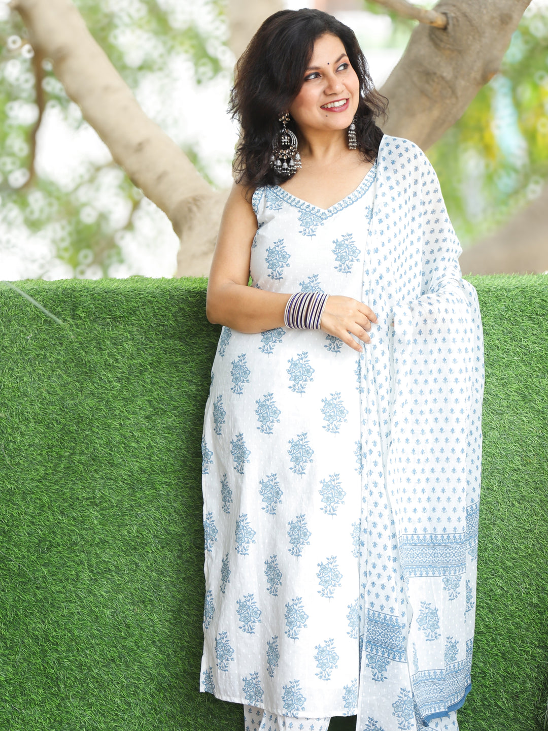 Subh Pearl White Embellish Neck in Floral Printed Cotton Dobby 3 Piece Set