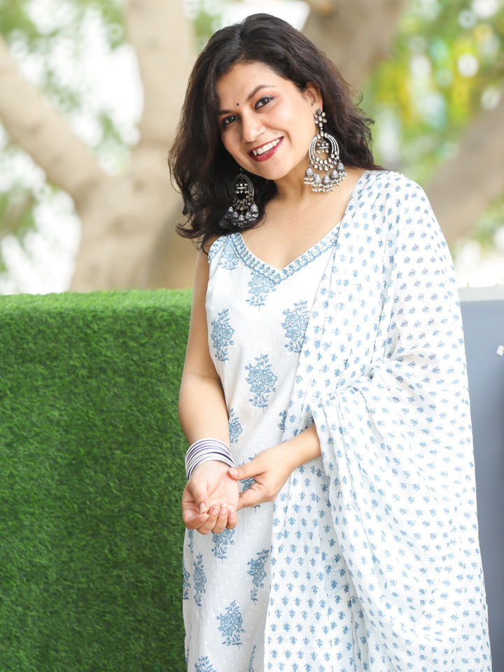 Subh Pearl White Embellish Neck in Floral Printed Cotton Dobby 3 Piece Set