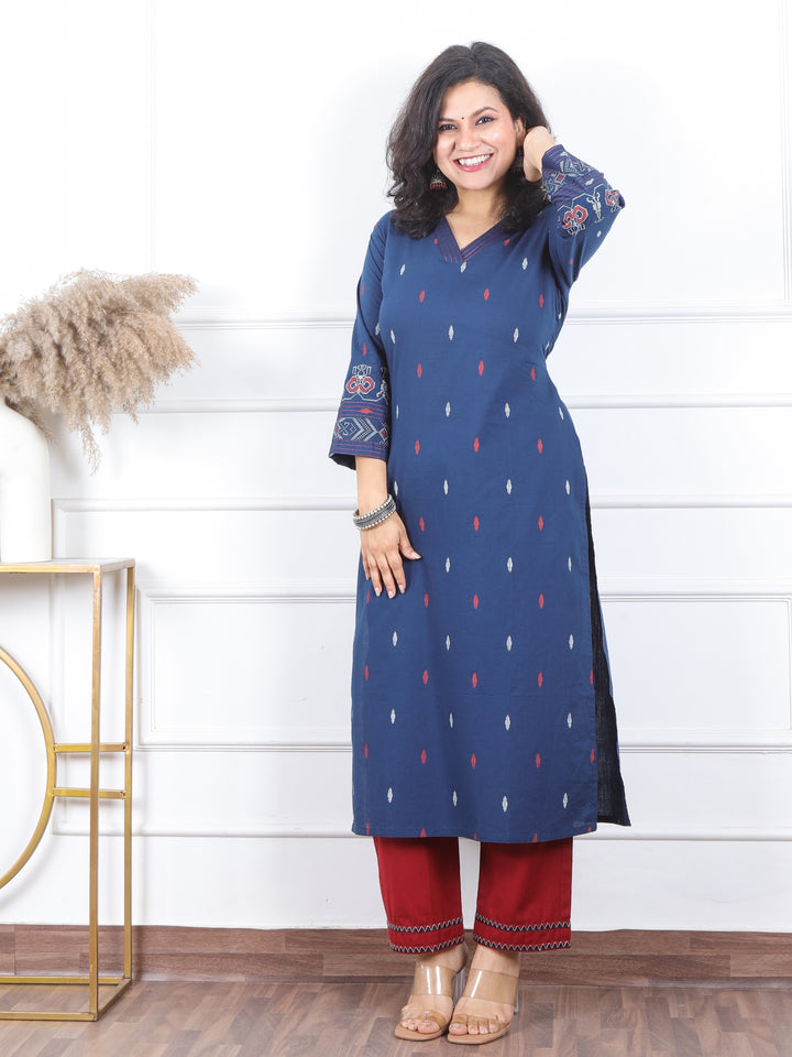 चांदनी Denim Blue V Neck Printed Work Cotton Kurti