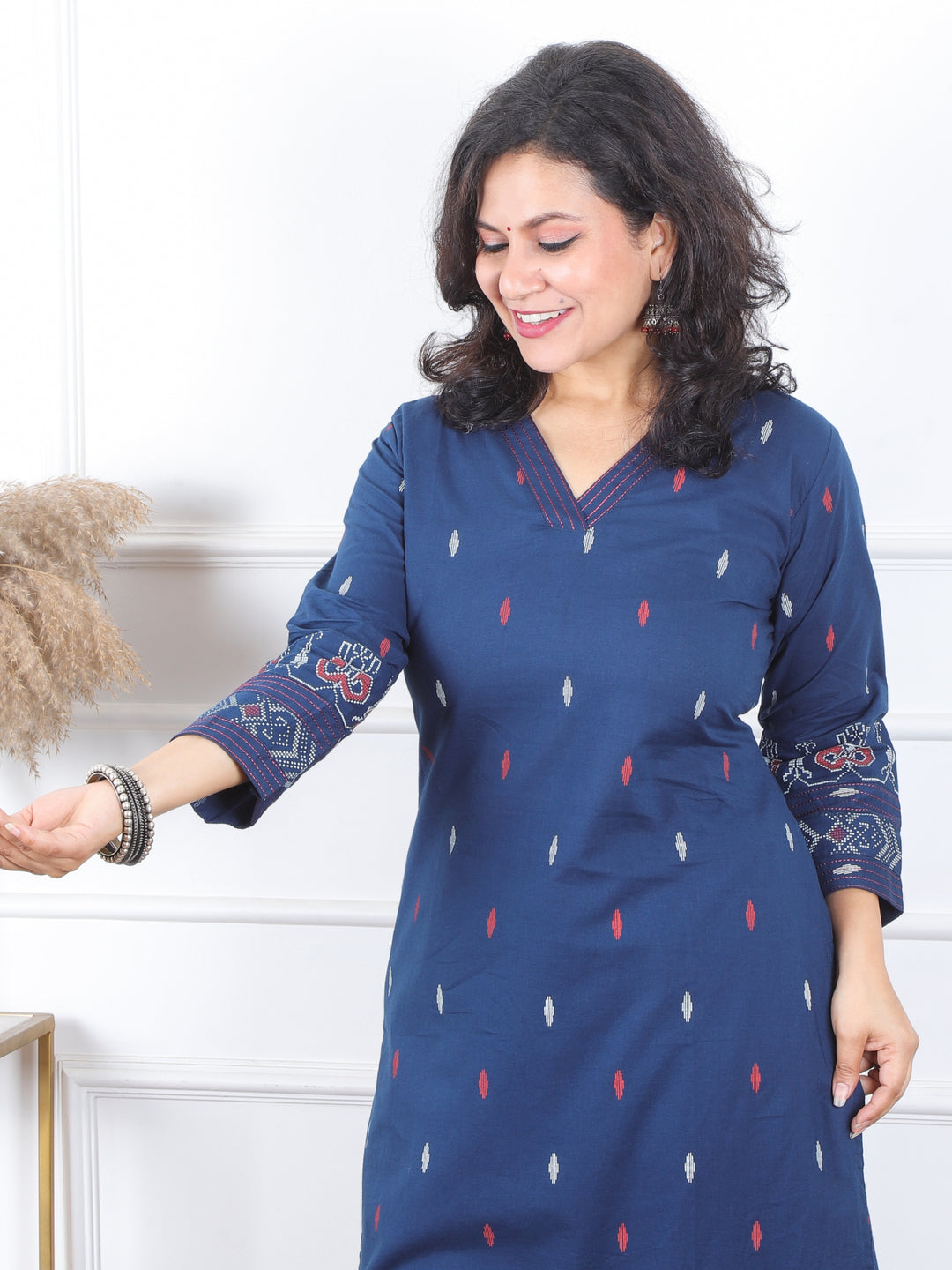 चांदनी Denim Blue V Neck Printed Work Cotton Kurti