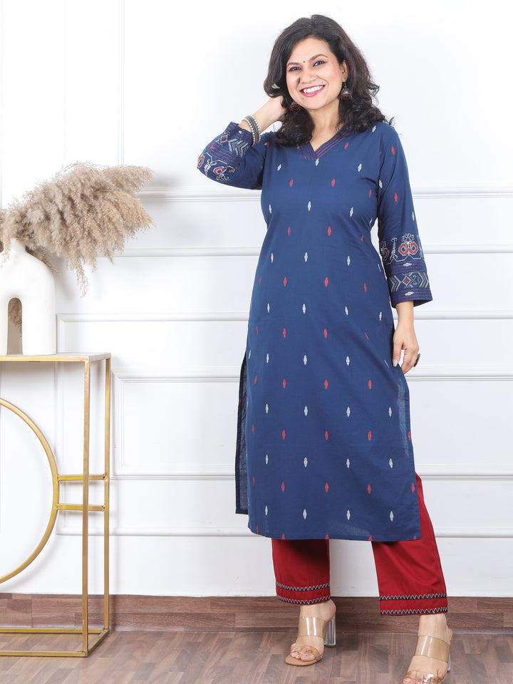 चांदनी Denim Blue V Neck Printed Work Cotton Kurti