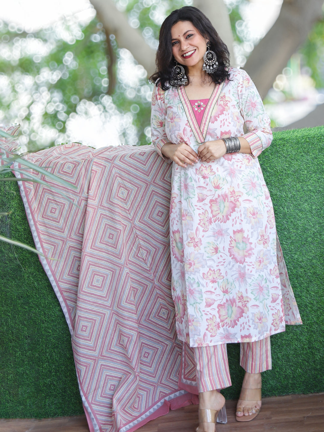 Malikaa Rosy Pink Floral Printed with V Neck Mirror Work Cotton 3 Piece Set