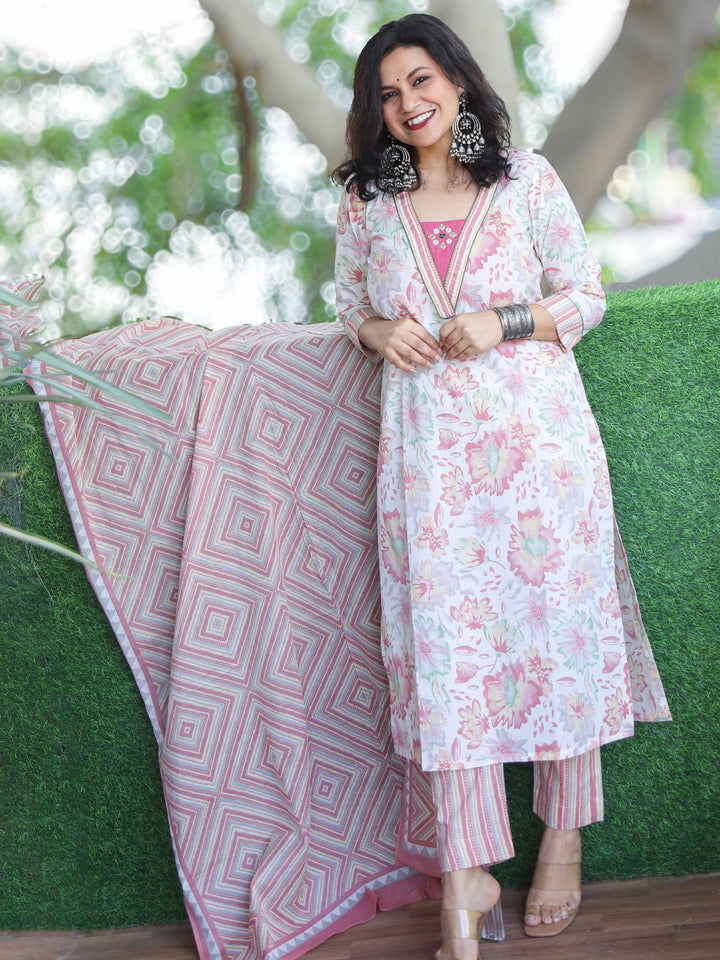 Malikaa Rosy Pink Floral Printed with V Neck Mirror Work Cotton 3 Piece Set