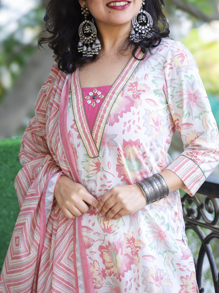 Malikaa Rosy Pink Floral Printed with V Neck Mirror Work Cotton 3 Piece Set