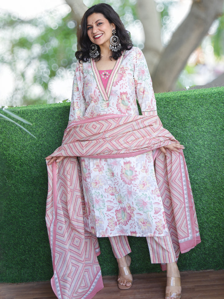 Malikaa Rosy Pink Floral Printed with V Neck Mirror Work Cotton 3 Piece Set