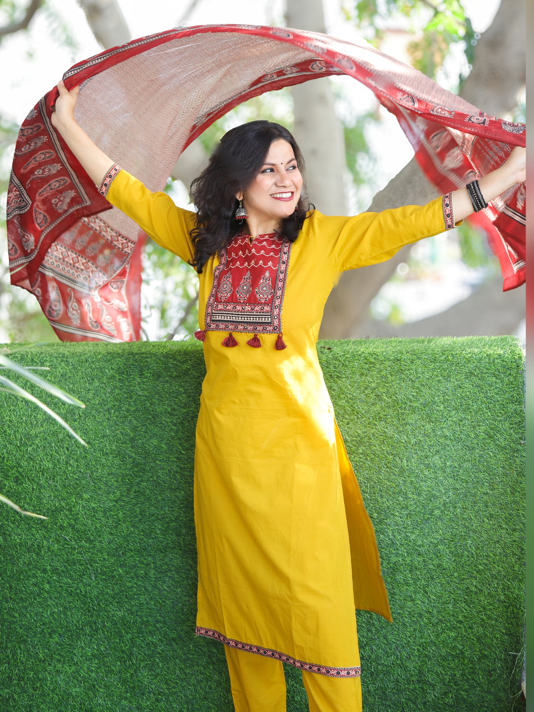 Shubh Mustard Yellow Ajrak Printed Patch Neck Work Cotton 3 Piece Set