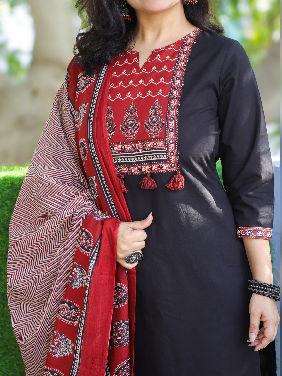 Shubh Ebony Black Ajrak Printed Patch Neck Work Cotton 3 Piece Set