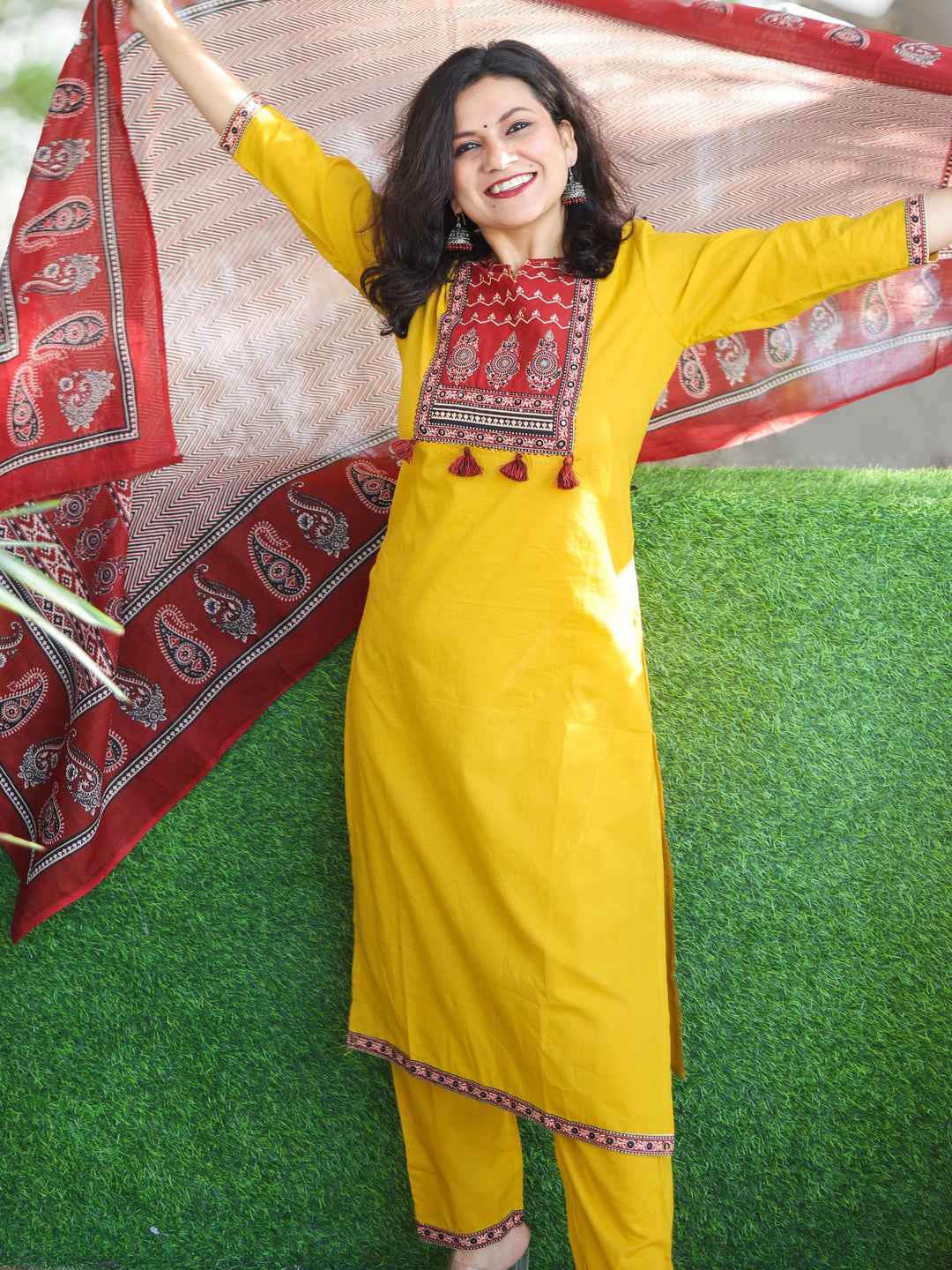Shubh Mustard Yellow Ajrak Printed Patch Neck Work Cotton 3 Piece Set