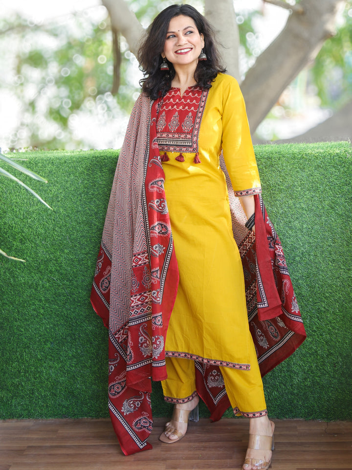 Shubh Mustard Yellow Ajrak Printed Patch Neck Work Cotton 3 Piece Set
