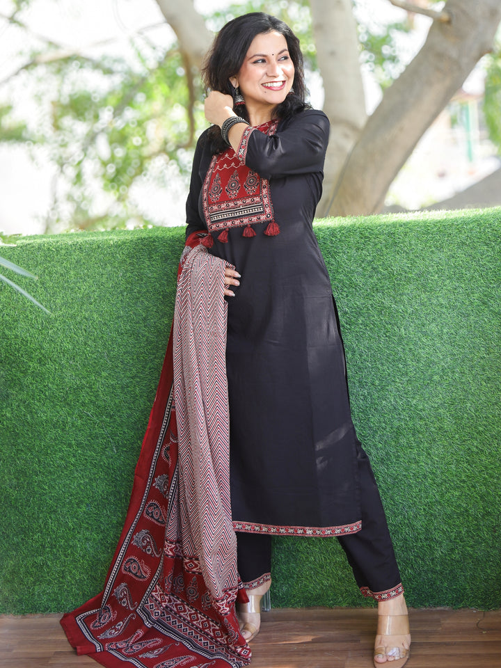 Shubh Ebony Black Ajrak Printed Patch Neck Work Cotton 3 Piece Set