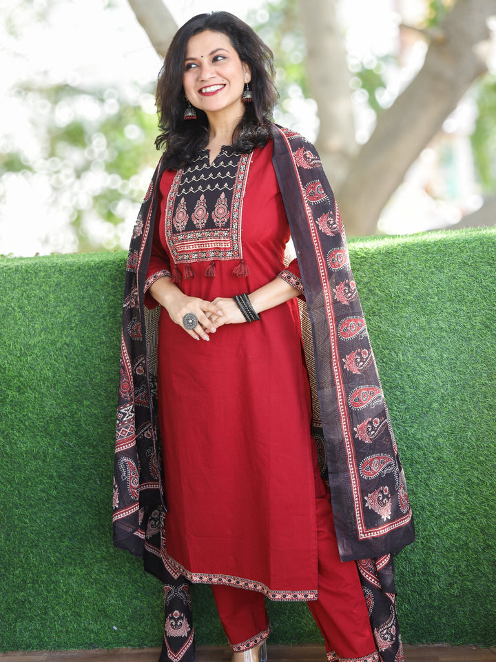 Shubh Berry Red Ajrak Printed Patch Neck Work Cotton 3 Piece Set