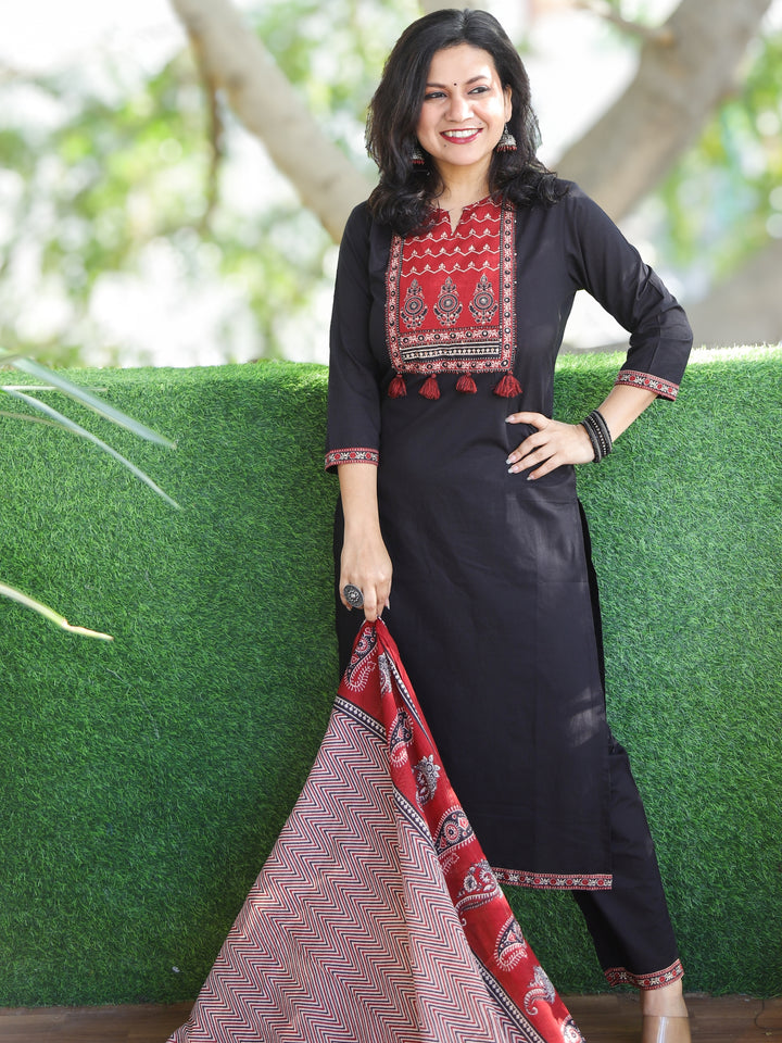 Shubh Ebony Black Ajrak Printed Patch Neck Work Cotton 3 Piece Set