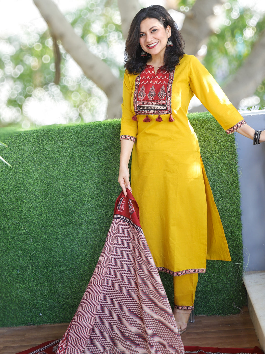 Shubh Mustard Yellow Ajrak Printed Patch Neck Work Cotton 3 Piece Set