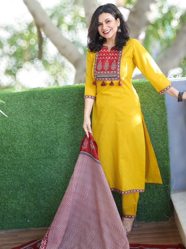 Shubh Mustard Yellow Ajrak Printed Patch Neck Work Cotton 3 Piece Set