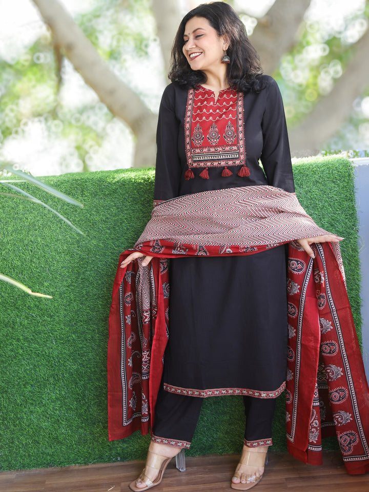 Shubh Ebony Black Ajrak Printed Patch Neck Work Cotton 3 Piece Set