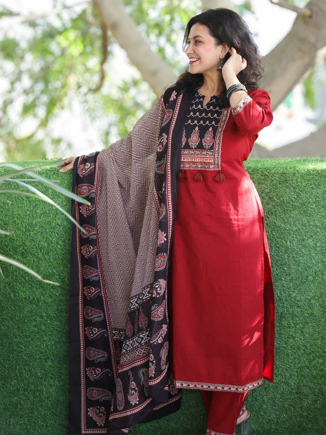 Shubh Berry Red Ajrak Printed Patch Neck Work Cotton 3 Piece Set