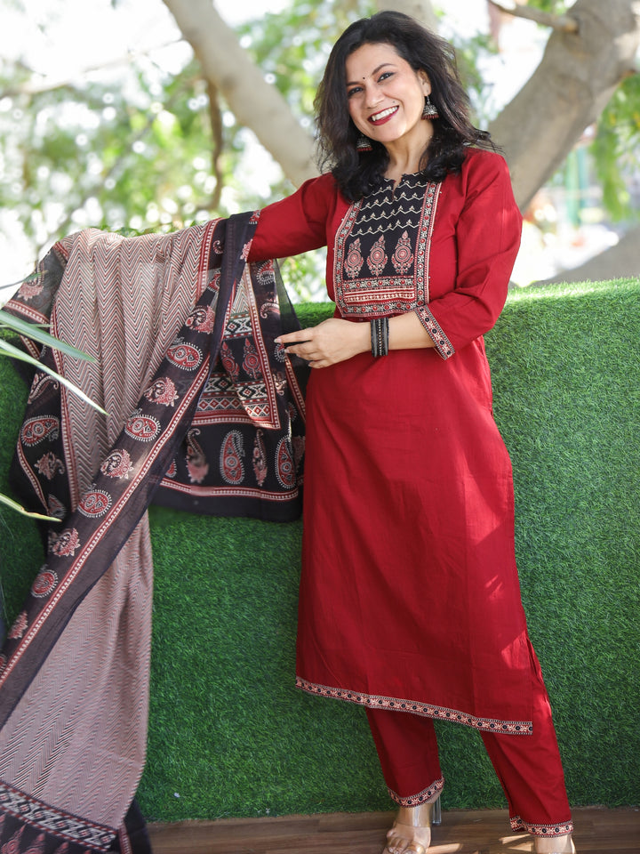 Shubh Berry Red Ajrak Printed Patch Neck Work Cotton 3 Piece Set