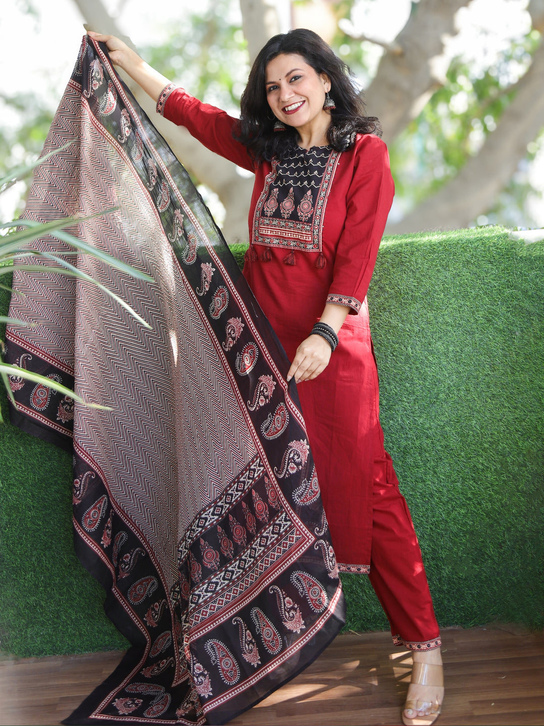 Shubh Berry Red Ajrak Printed Patch Neck Work Cotton 3 Piece Set
