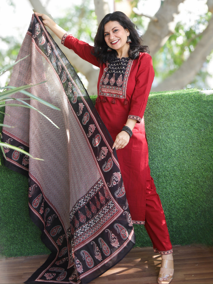 Shubh Berry Red Ajrak Printed Patch Neck Work Cotton 3 Piece Set