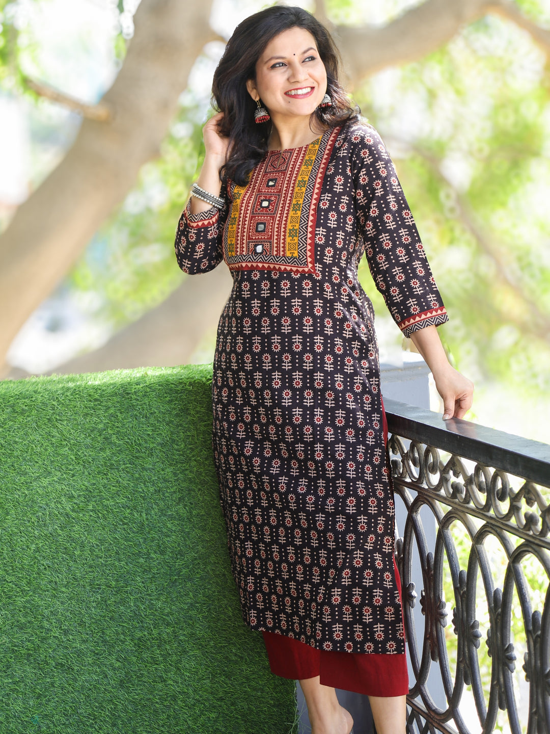 Ishqkiya Coal Black Kutch Mirror Patch Neck Work Printed Cotton Kurti-D1