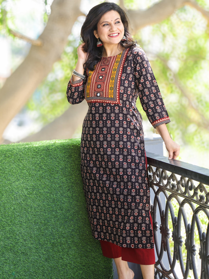 Ishqkiya Coal Black Kutch Mirror Patch Neck Work Printed Cotton Kurti-D1