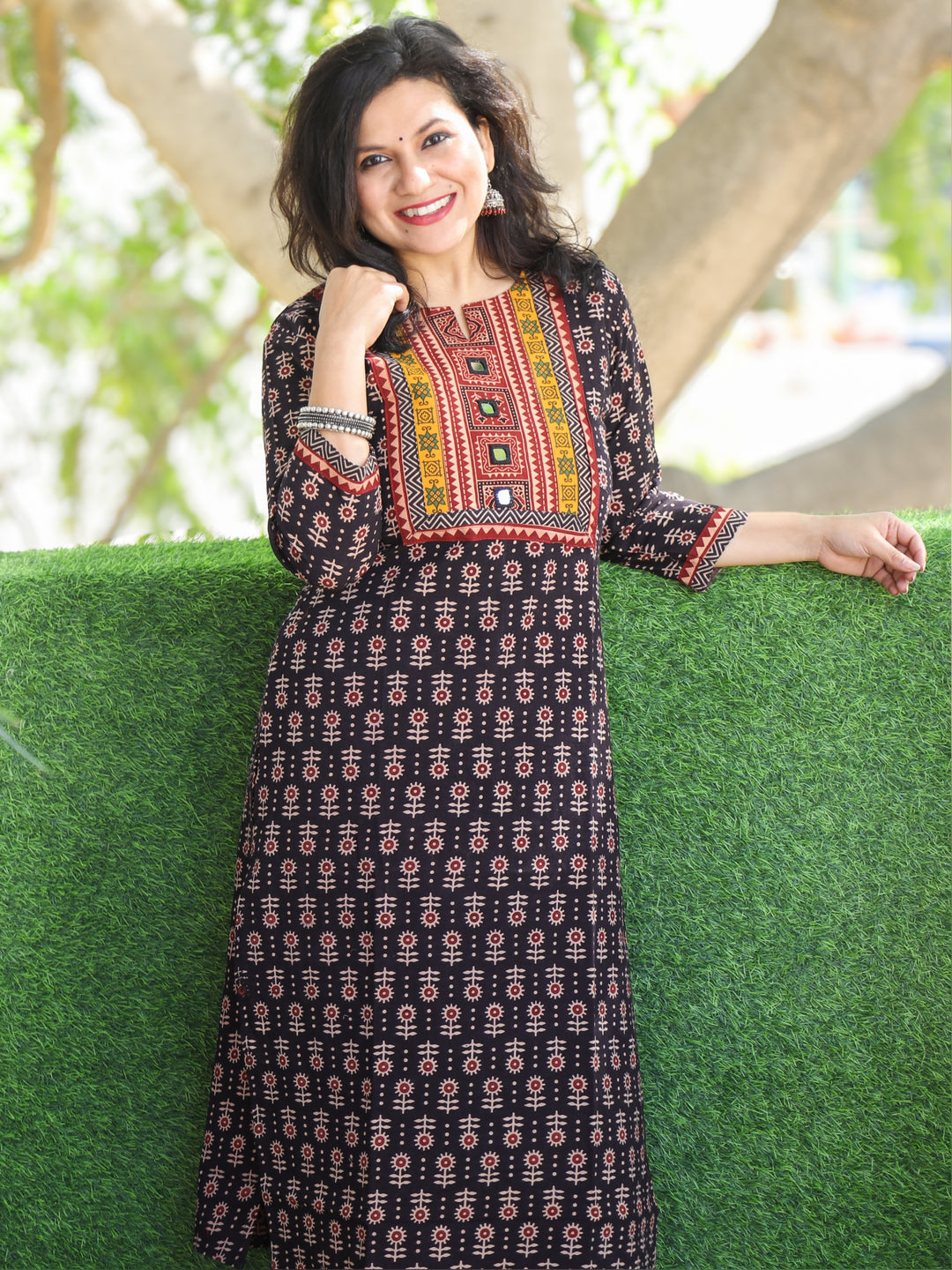 Ishqkiya Coal Black Kutch Mirror Patch Neck Work Printed Cotton Kurti-D1