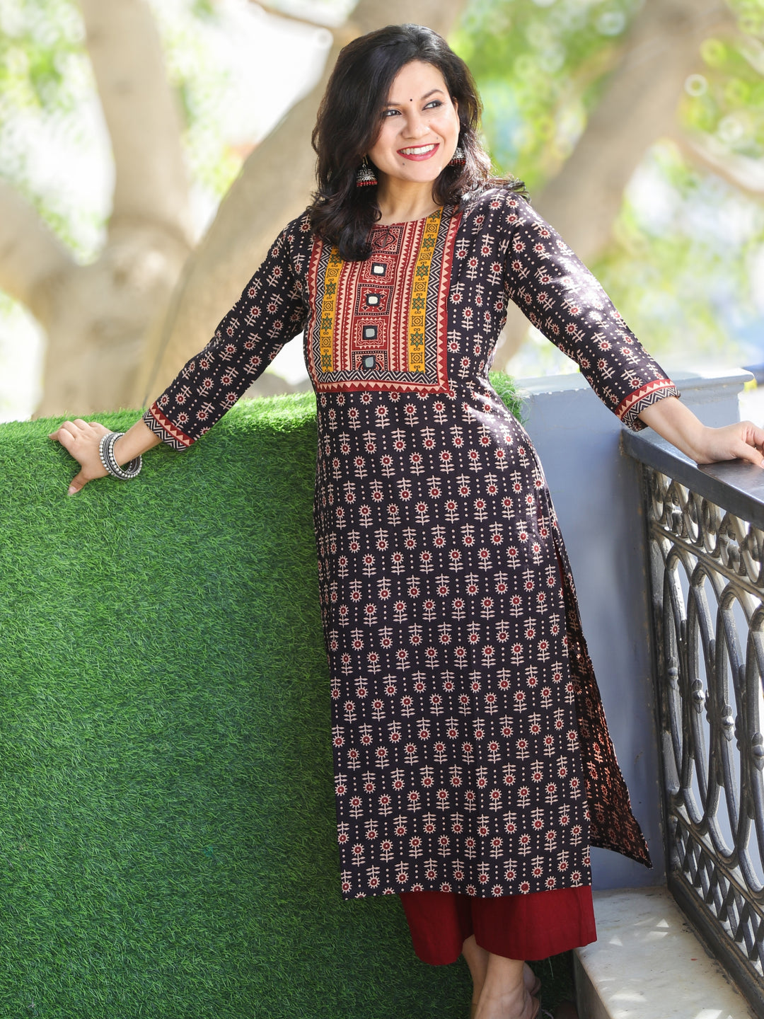 Ishqkiya Coal Black Kutch Mirror Patch Neck Work Printed Cotton Kurti-D1