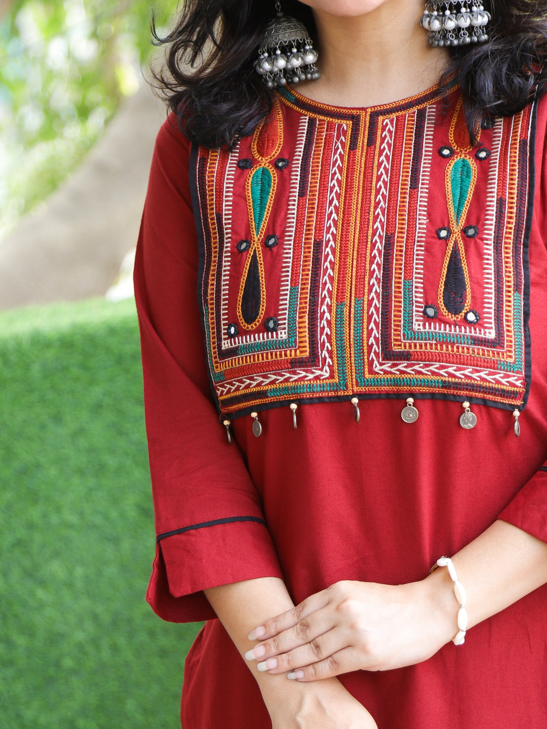 Subhranti Cherry Red Thread Embroidered Neck Work Cotton 2 Piece Set
