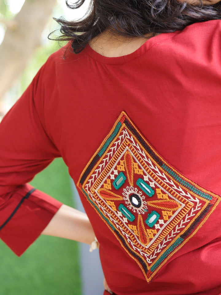 Subhranti Cherry Red Thread Embroidered Neck Work Cotton 2 Piece Set