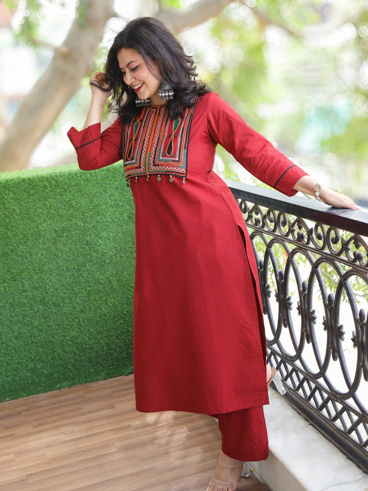 Subhranti Cherry Red Thread Embroidered Neck Work Cotton 2 Piece Set