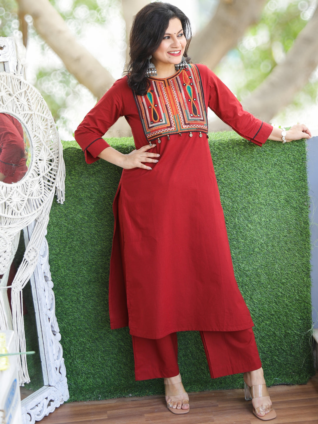 Subhranti Cherry Red Thread Embroidered Neck Work Cotton 2 Piece Set