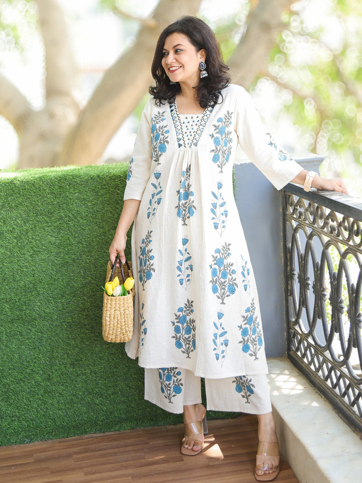 Holiya Shell White with Blue Thread with Mirror Work Alia Cut Cotton 2 Piece Set