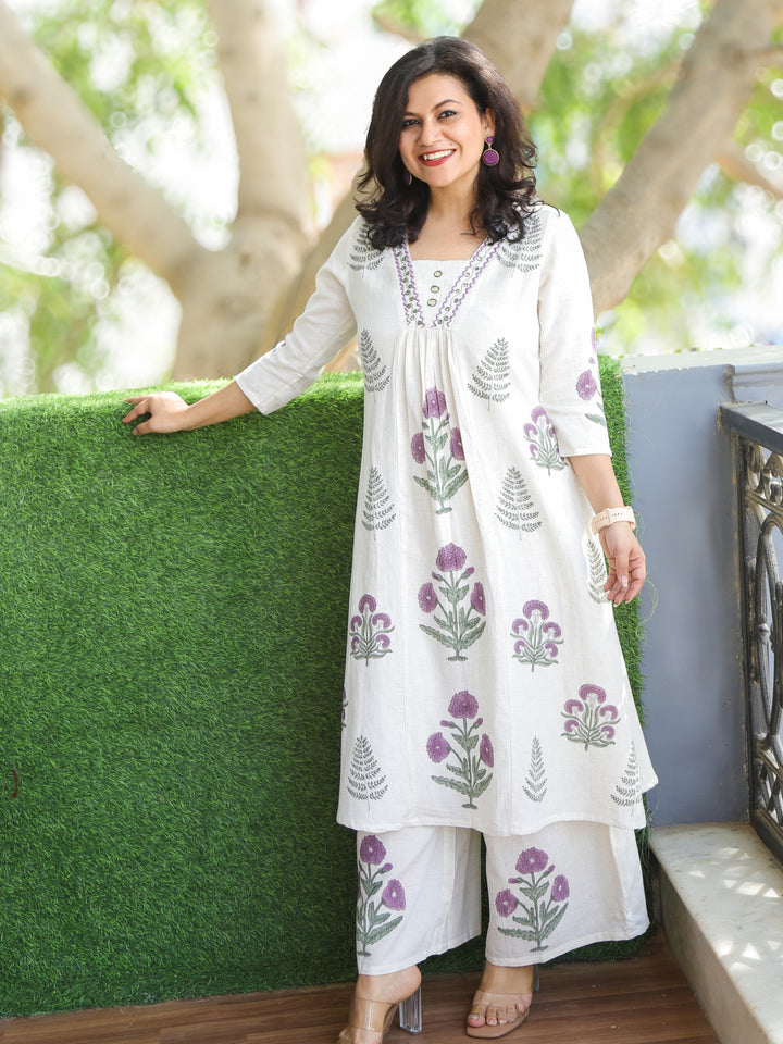 Holiya Shell White with Purple Thread with Mirror Work Alia Cut Cotton 2 Piece Set