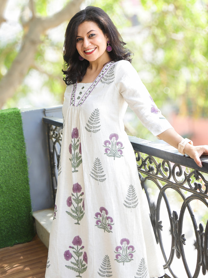 Holiya Shell White with Purple Thread with Mirror Work Alia Cut Cotton 2 Piece Set