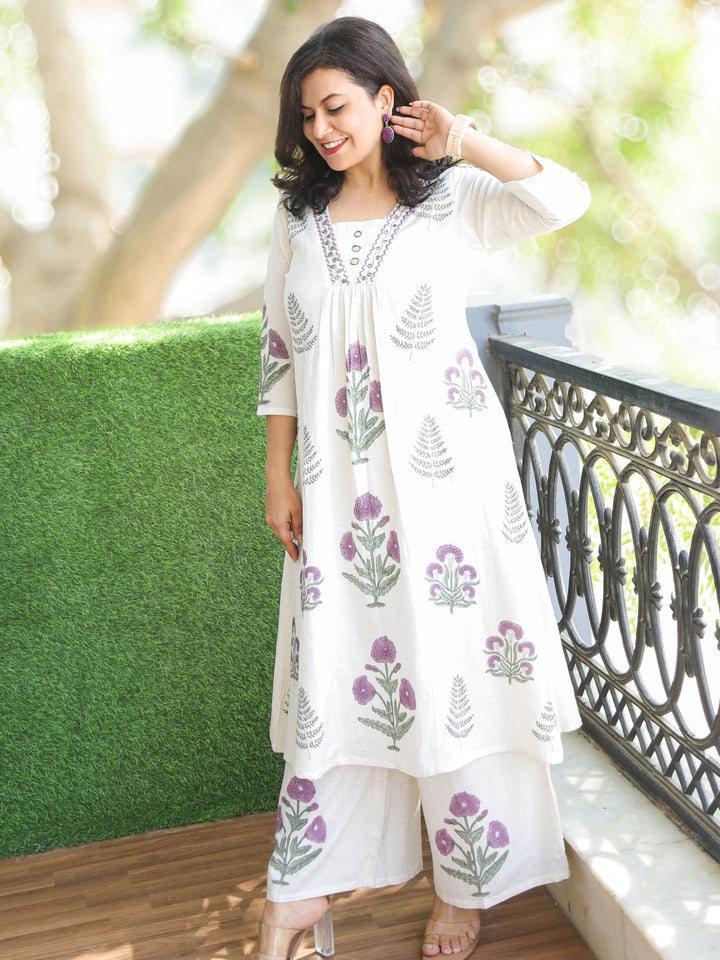 Holiya Shell White with Purple Thread with Mirror Work Alia Cut Cotton 2 Piece Set