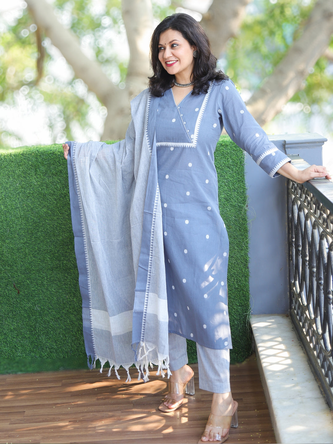 Haniya Sky Grey Thread Weaved Temple Hem South Cotton 3 Piece Set