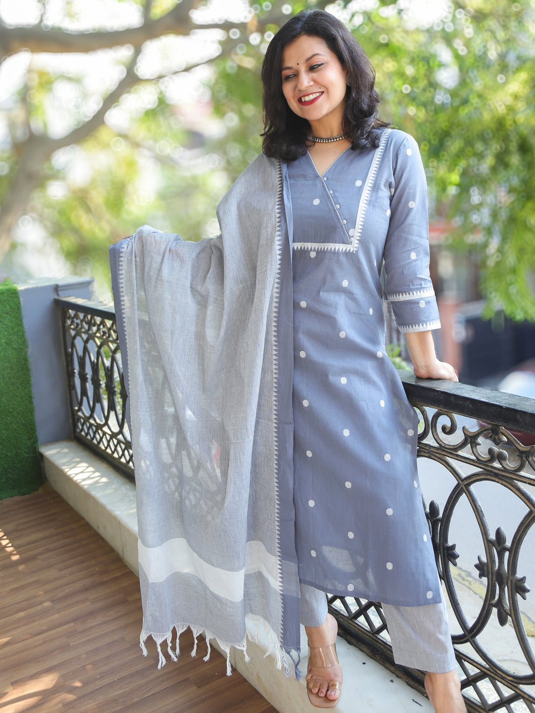 Haniya Sky Grey Thread Weaved Temple Hem South Cotton 3 Piece Set