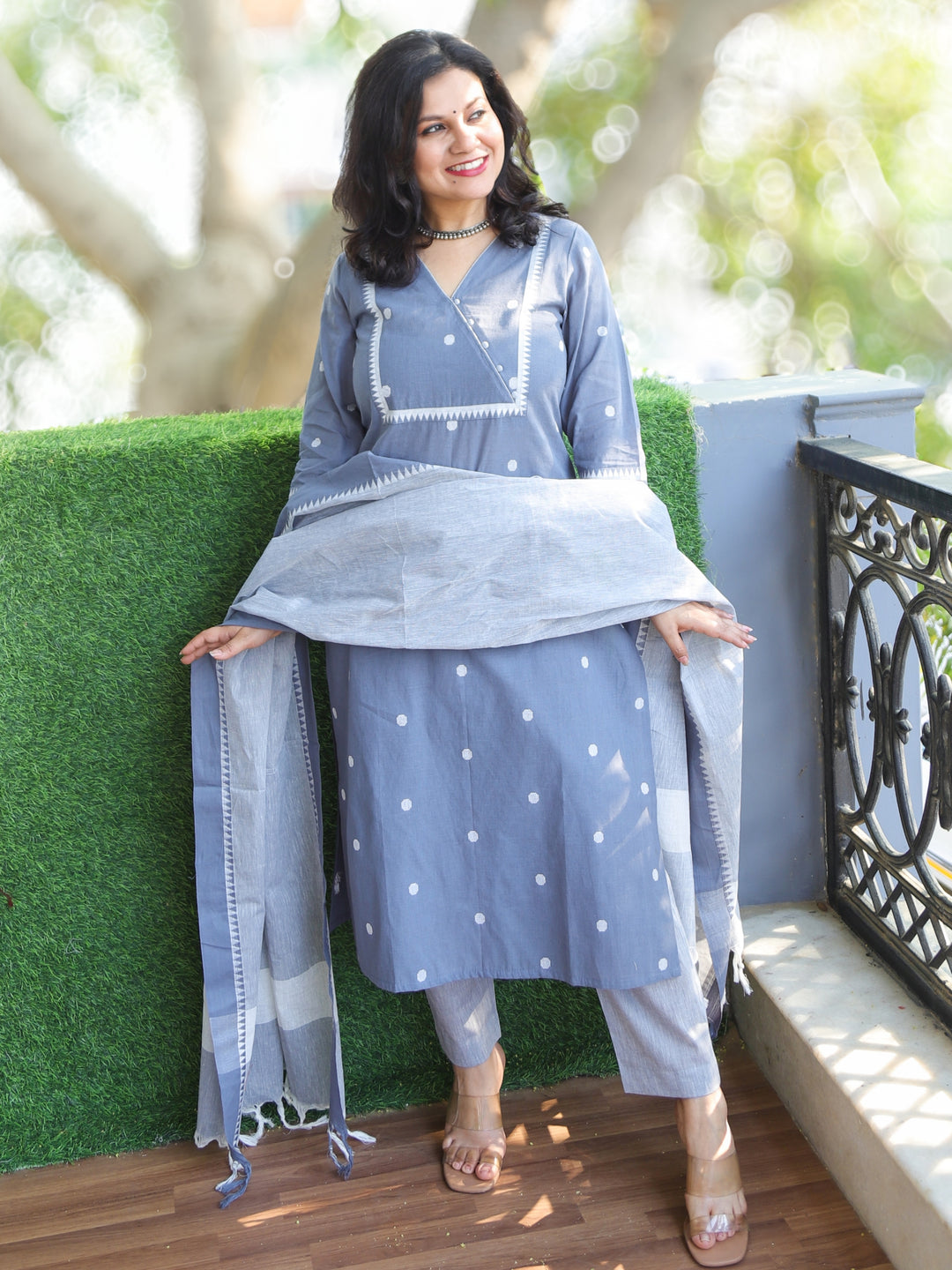 Haniya Sky Grey Thread Weaved Temple Hem South Cotton 3 Piece Set