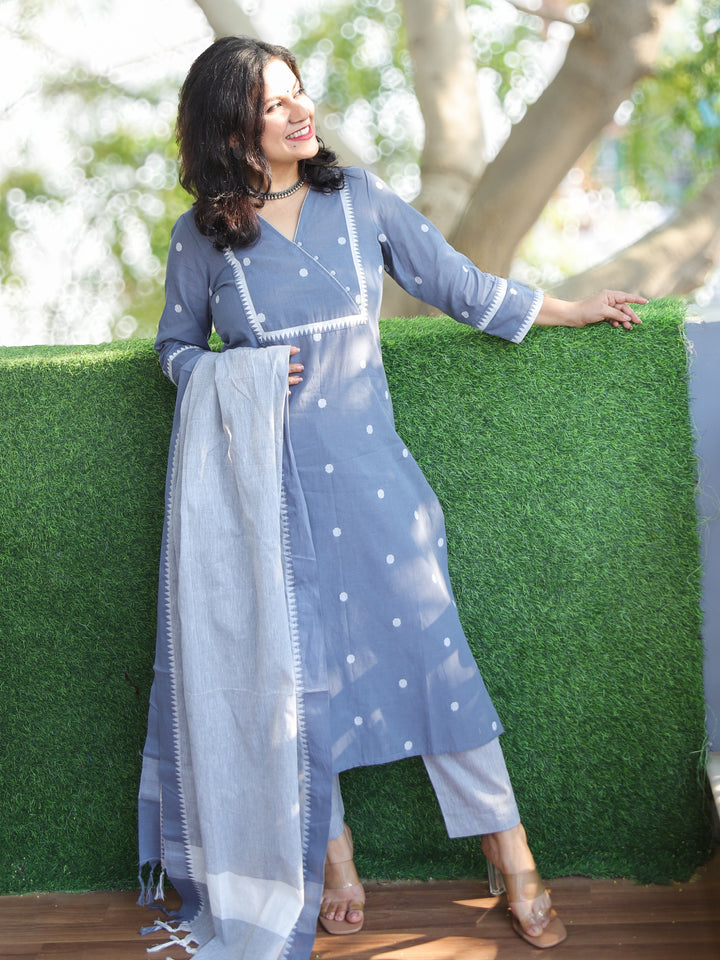 Haniya Sky Grey Thread Weaved Temple Hem South Cotton 3 Piece Set