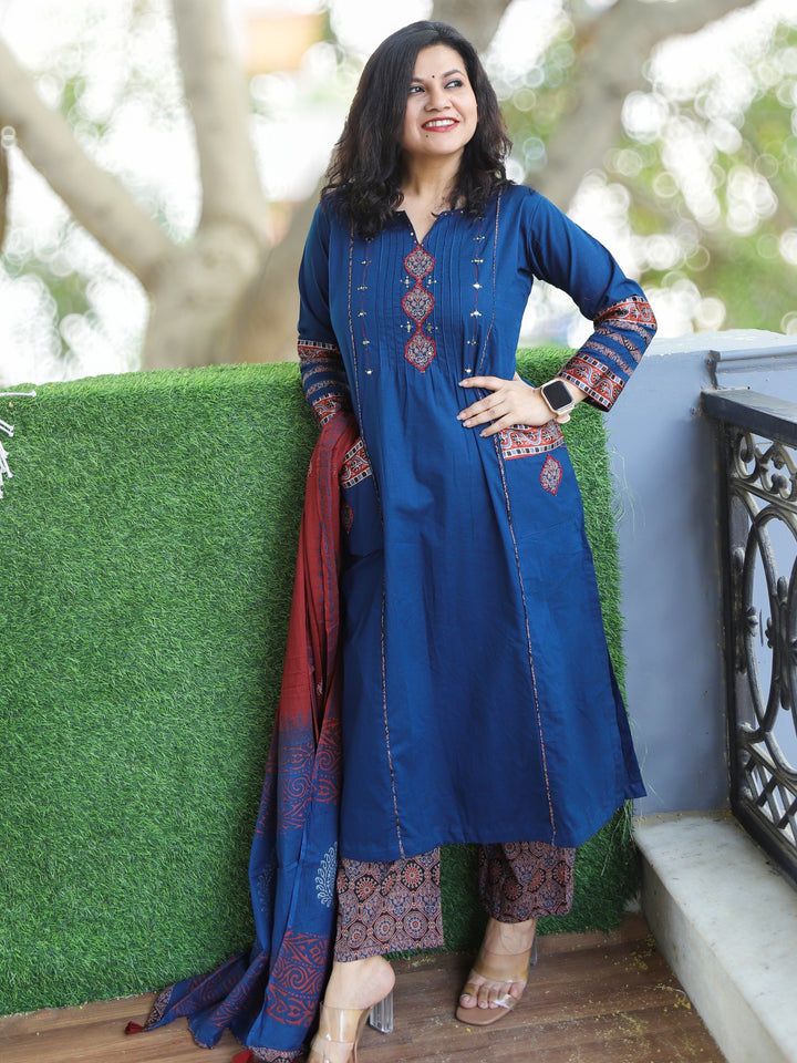Sundri Blue Pintuck with Ajrak Print Patch and Mirror Work Cotton 3 Piece Set